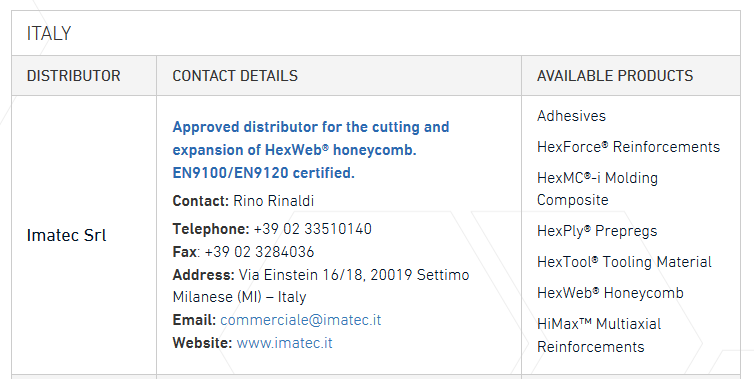 Approved distributor by HEXCEL for EN 9100 – EN 9120 aerospace